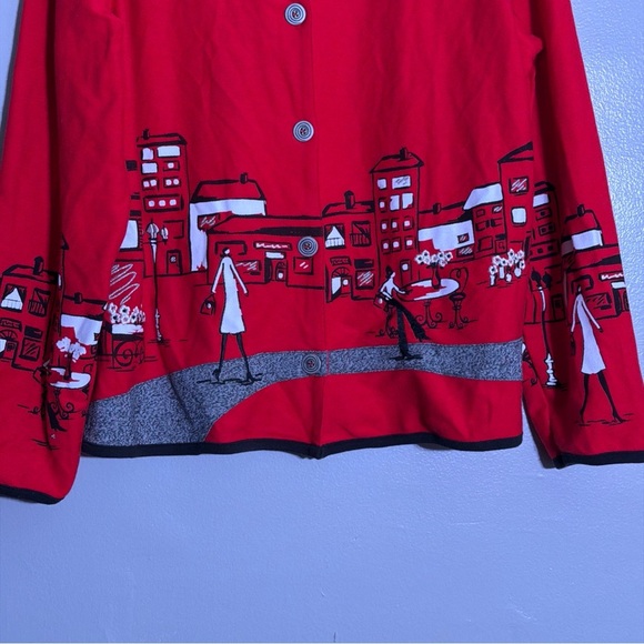 Vintage Koret Cityscapes Cardigan Red with Buttons and Long Sleeves - Picture 3 of 6